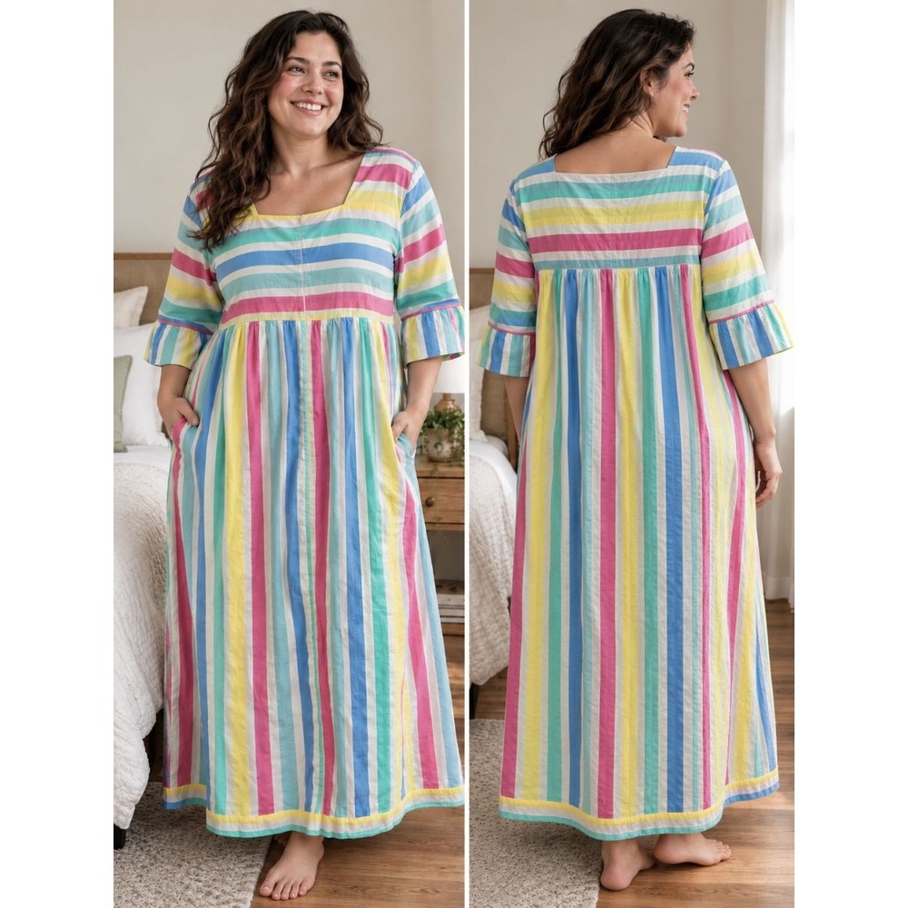 VTG Styled by Saybury 2X Rainbow Stripe Maxi Dress Night Gown Seersucker